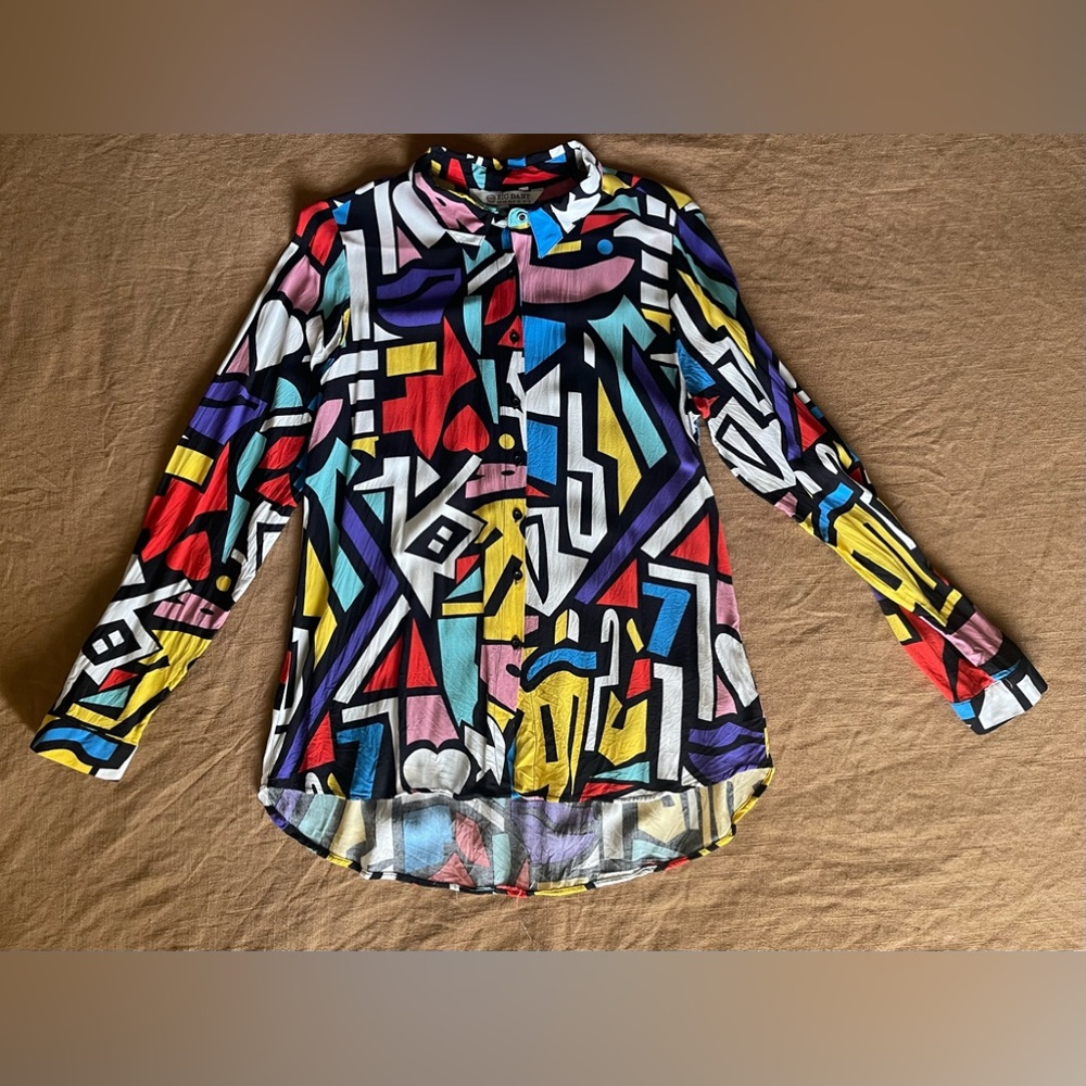 Big Dart, long-sleeve, button-up blouse. Size: medium, multi colored.